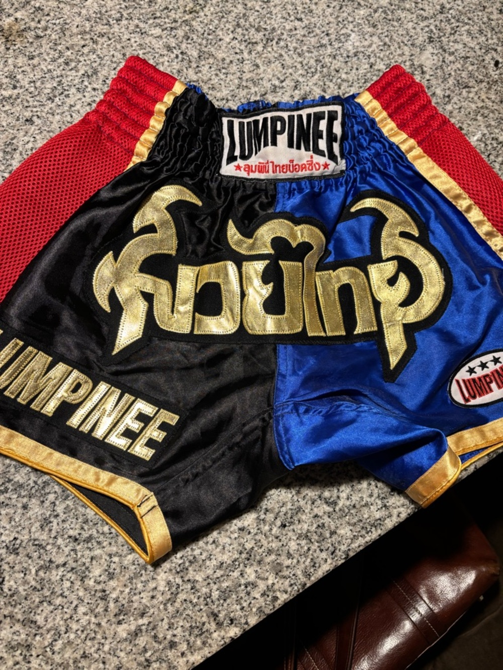 Pack of two Lumpinee Muay Thai Shorts - Black, Blue & Red with Gold Trim